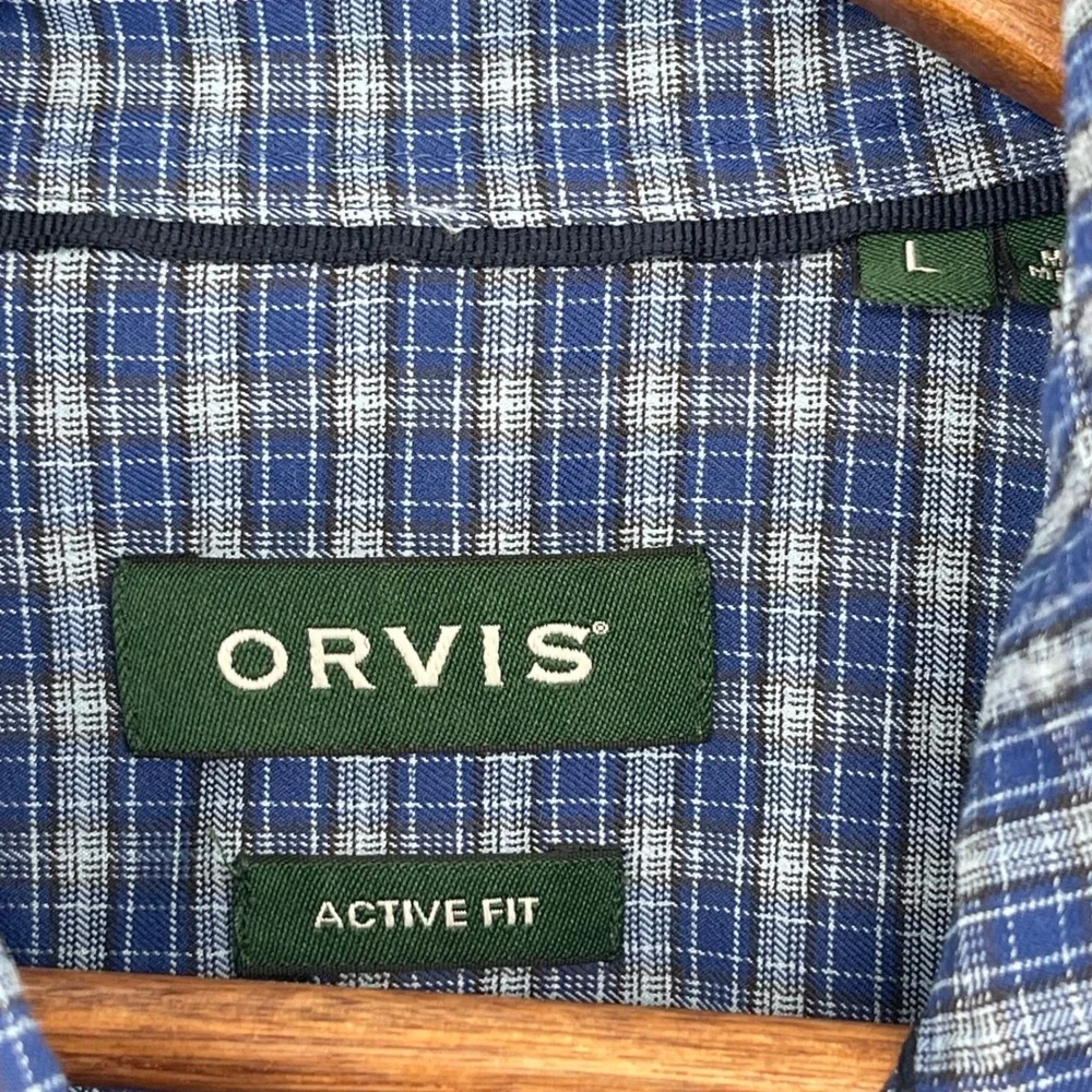Orvis Active Fit Mens Blue Plaid Long Sleeve Nylon Stretch Button Down Shirt L